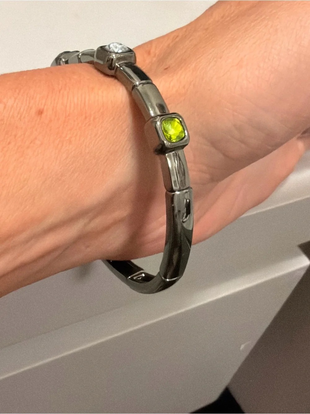 Gunmetal Multi-Stone Bangle Bracelet with Blue, Purple and Lime Accents